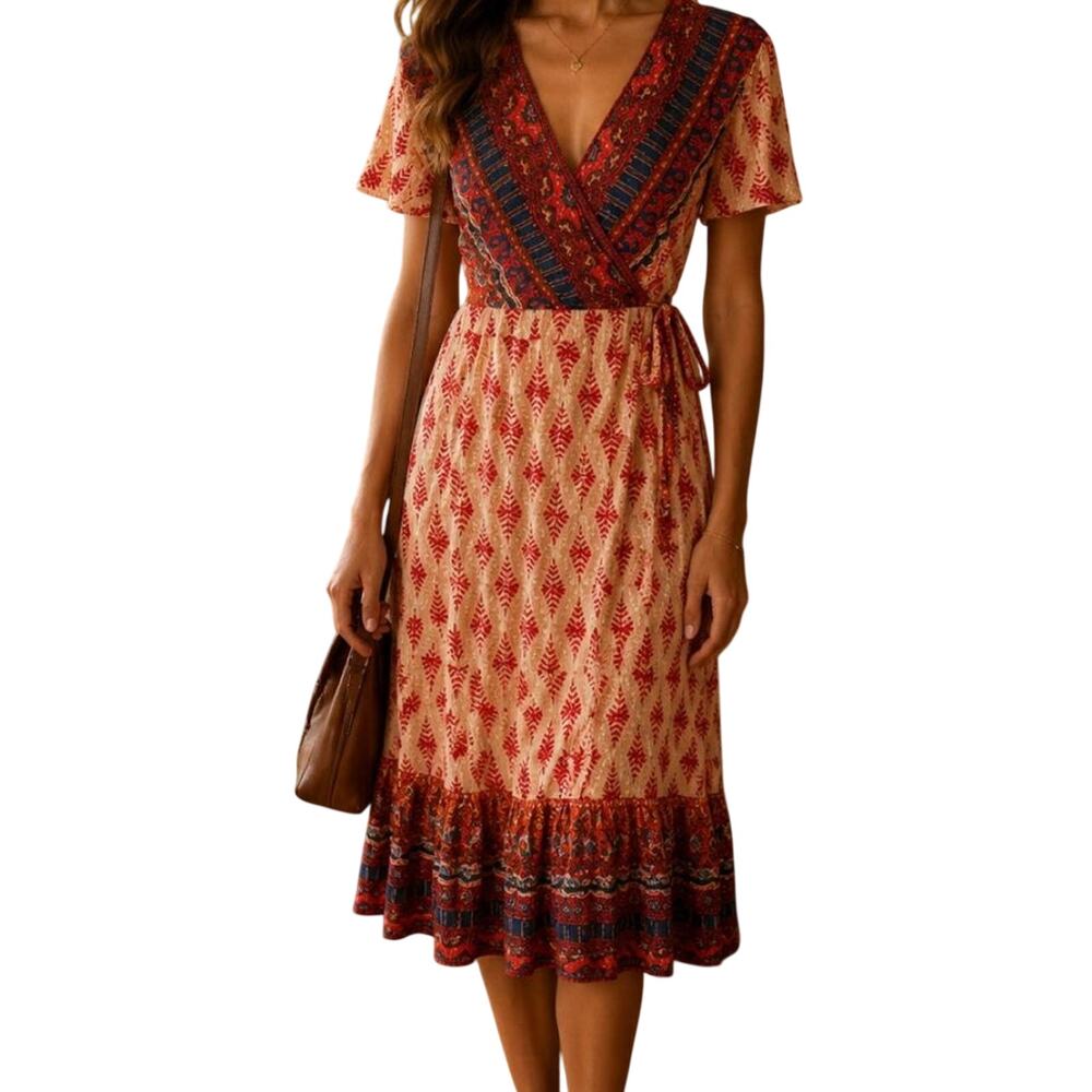 Zesica multicoloured wrap dress with V-neck and short sleeves